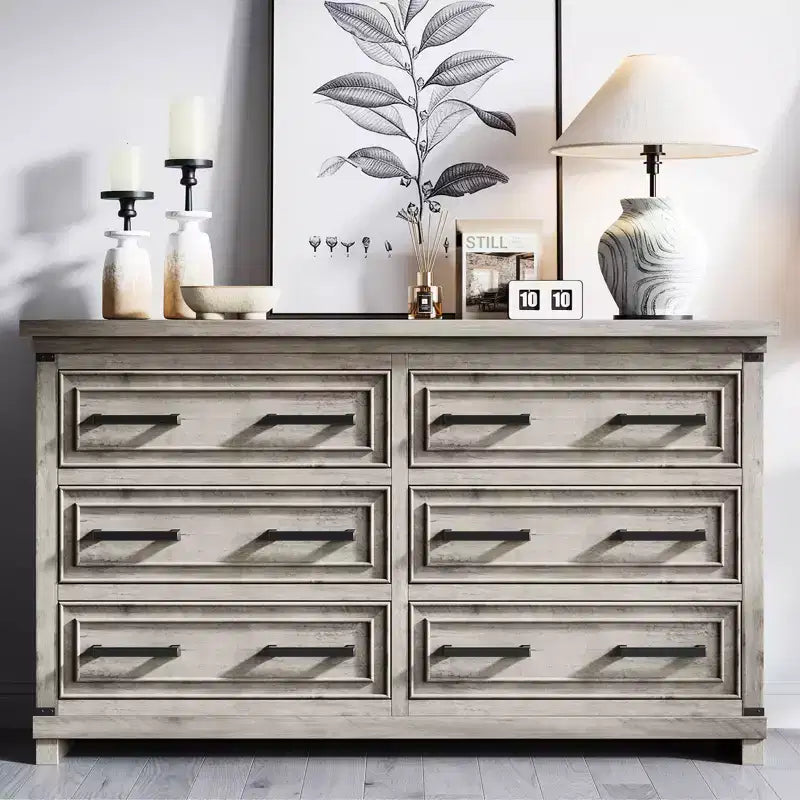 Commode de chambre à coucher de ferme avec 6/8 tiroirs, commode rustique en bois de 140 cm avec poignées en métal