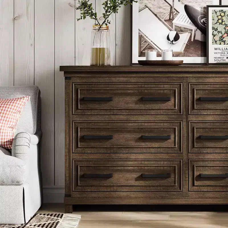 Commode de chambre à coucher de ferme avec 6/8 tiroirs, commode rustique en bois de 140 cm avec poignées en métal
