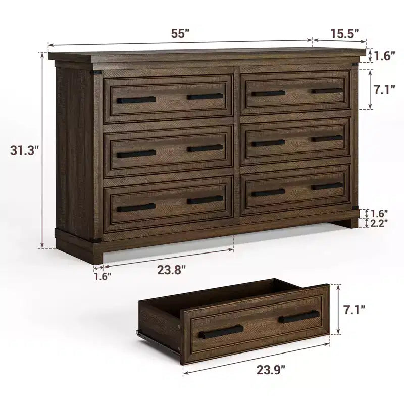 Commode de chambre à coucher de ferme avec 6/8 tiroirs, commode rustique en bois de 140 cm avec poignées en métal