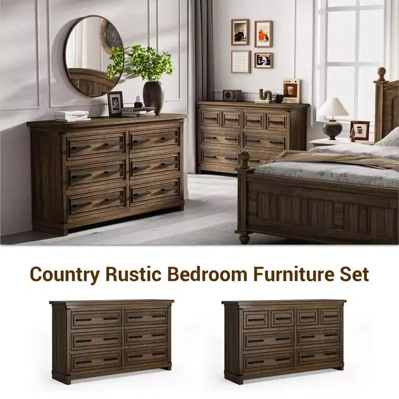 Commode de chambre à coucher de ferme avec 6/8 tiroirs, commode rustique en bois de 140 cm avec poignées en métal