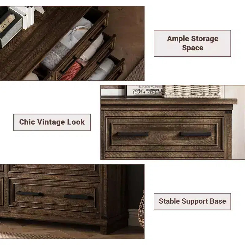 Commode de chambre à coucher de ferme avec 6/8 tiroirs, commode rustique en bois de 140 cm avec poignées en métal
