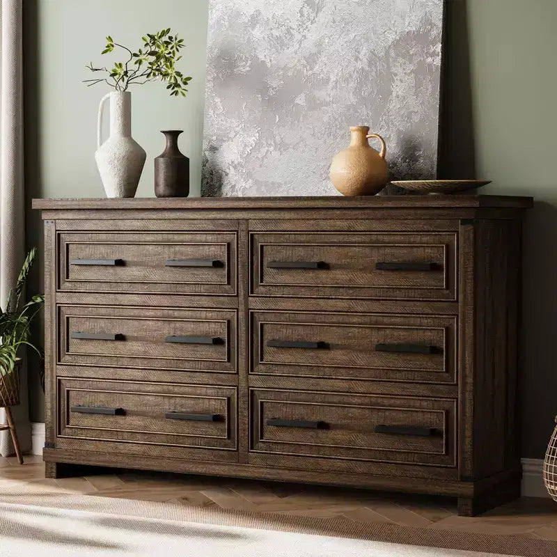 Commode de chambre à coucher de ferme avec 6/8 tiroirs, commode rustique en bois de 140 cm avec poignées en métal