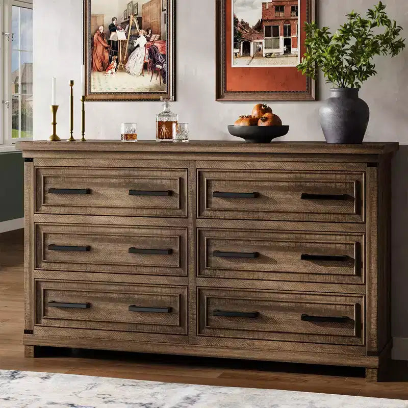 Commode de chambre à coucher de ferme avec 6/8 tiroirs, commode rustique en bois de 140 cm avec poignées en métal