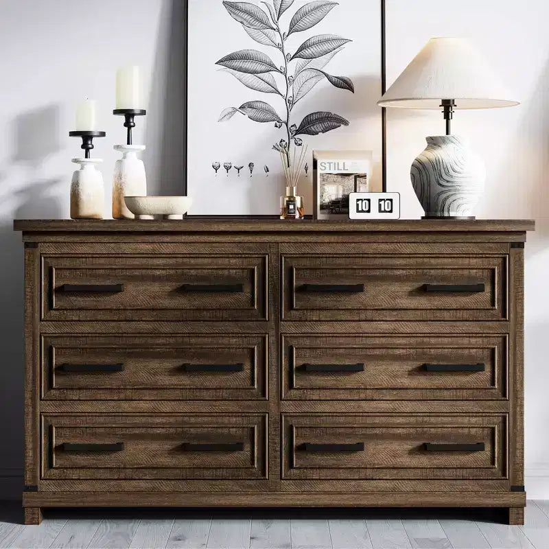 Commode de chambre à coucher de ferme avec 6/8 tiroirs, commode rustique en bois de 140 cm avec poignées en métal