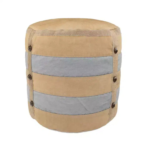 HomeRoots 16 Tan Cotton Cylinder Striped Pouf Ottoman