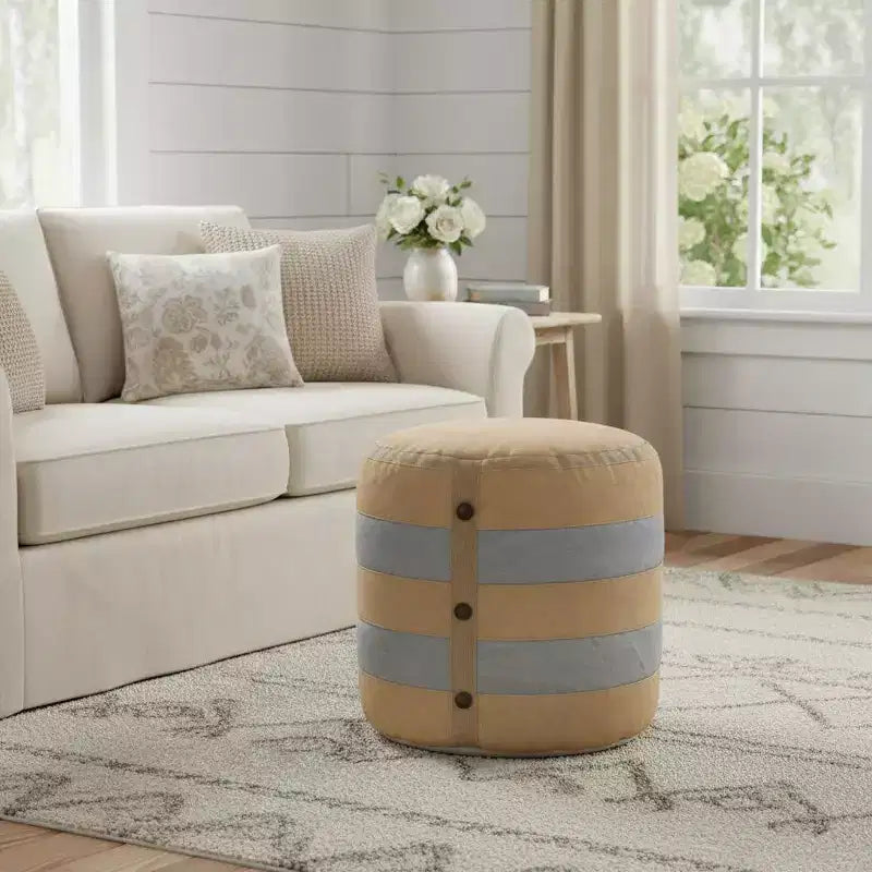 Pouf cylindrique rayé en coton beige 40 cm, siège d'appoint décoratif