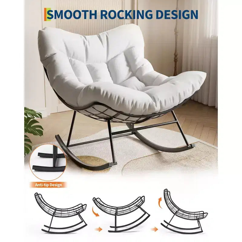 Fauteuil à bascule d'extérieur ovale surdimensionné, rotin tressé à la main, cadre en métal robuste, pour balcon, arrière-cour et porche