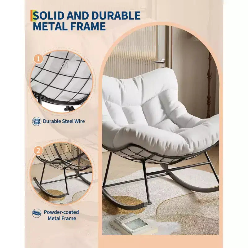 Fauteuil à bascule d'extérieur ovale surdimensionné, rotin tressé à la main, cadre en métal robuste, pour balcon, arrière-cour et porche