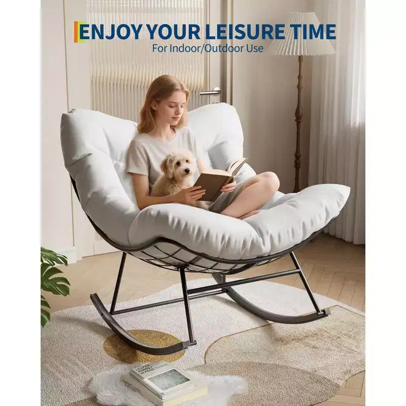 Fauteuil à bascule d'extérieur ovale surdimensionné, rotin tressé à la main, cadre en métal robuste, pour balcon, arrière-cour et porche