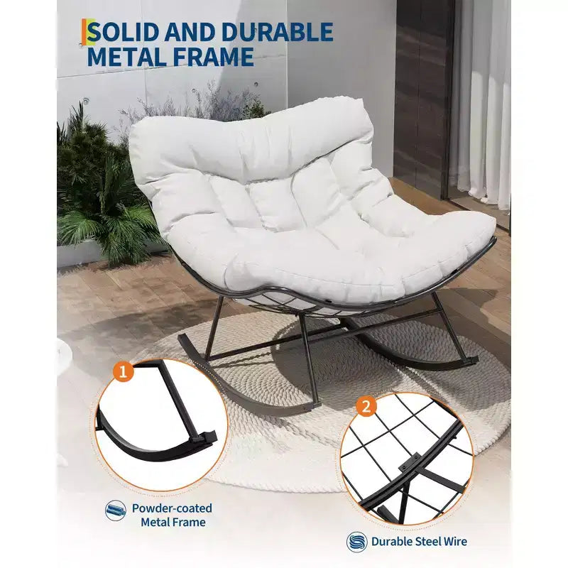 Fauteuil à bascule d'extérieur ovale surdimensionné, rotin tressé à la main, cadre en métal robuste, pour balcon, arrière-cour et porche