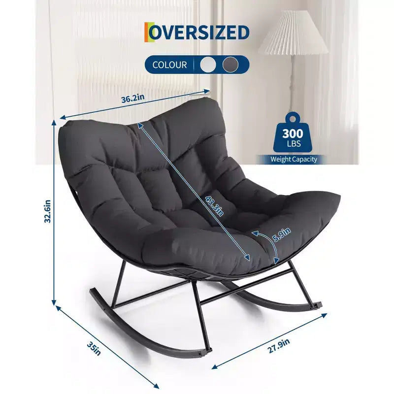 Fauteuil à bascule d'extérieur ovale surdimensionné, rotin tressé à la main, cadre en métal robuste, pour balcon, arrière-cour et porche