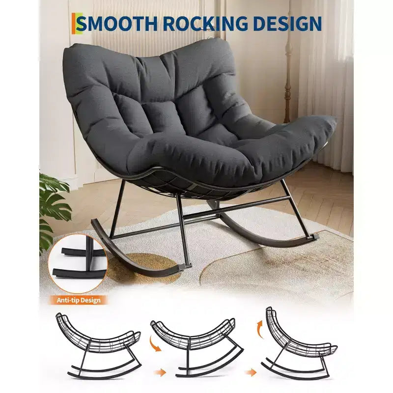 Fauteuil à bascule d'extérieur ovale surdimensionné, rotin tressé à la main, cadre en métal robuste, pour balcon, arrière-cour et porche