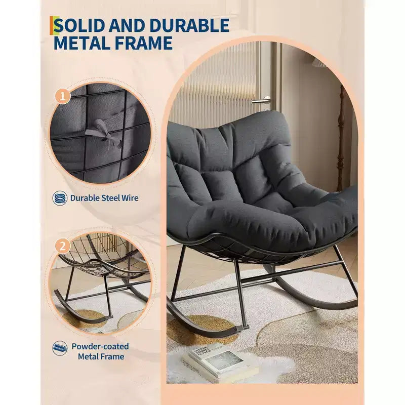 Fauteuil à bascule d'extérieur ovale surdimensionné, rotin tressé à la main, cadre en métal robuste, pour balcon, arrière-cour et porche