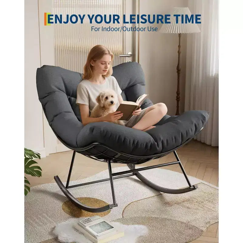 Fauteuil à bascule d'extérieur ovale surdimensionné, rotin tressé à la main, cadre en métal robuste, pour balcon, arrière-cour et porche