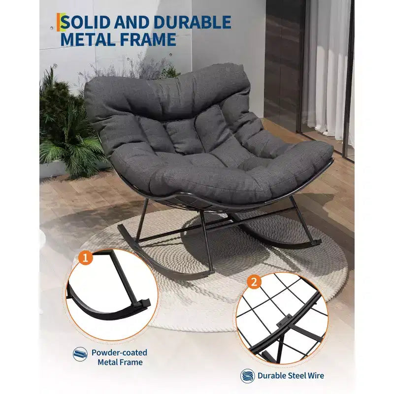 Fauteuil à bascule d'extérieur ovale surdimensionné, rotin tressé à la main, cadre en métal robuste, pour balcon, arrière-cour et porche