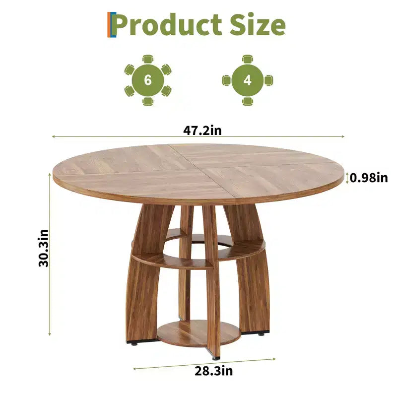 Table à manger ronde de ferme 47 po pour 4 à 6 personnes, en bois avec étagère de rangement et pieds réglables, pour salle à manger et salon