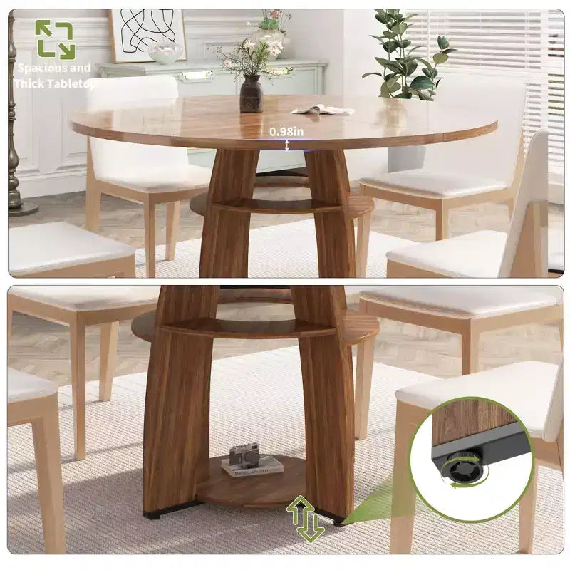 Table à manger ronde de ferme 47 po pour 4 à 6 personnes, en bois avec étagère de rangement et pieds réglables, pour salle à manger et salon