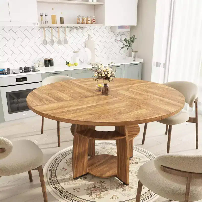 Table à manger ronde de ferme 47 po pour 4 à 6 personnes, en bois avec étagère de rangement et pieds réglables, pour salle à manger et salon