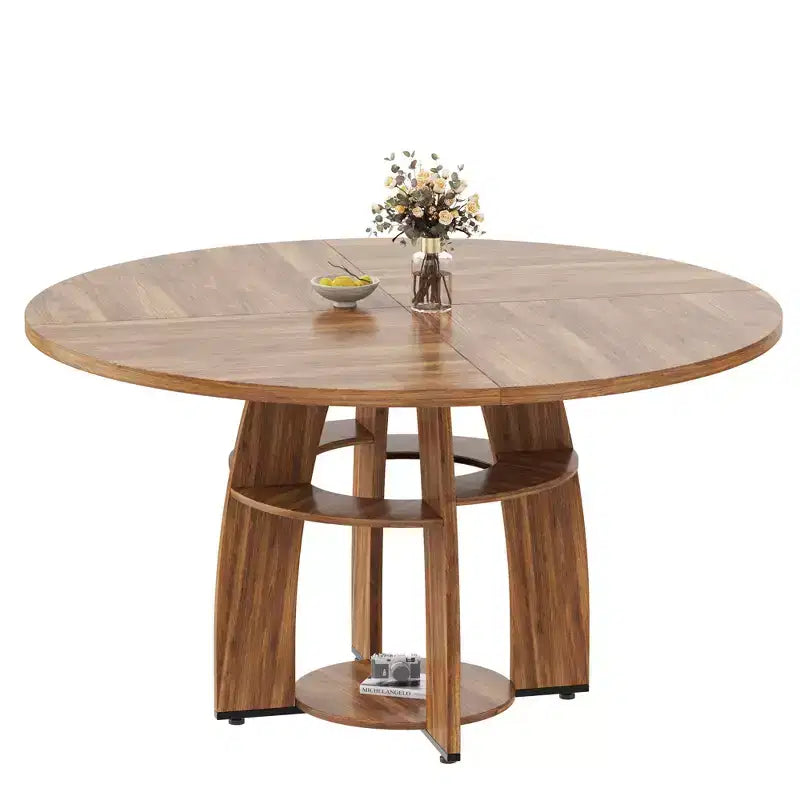 Table à manger ronde de ferme 47 po pour 4 à 6 personnes, en bois avec étagère de rangement et pieds réglables, pour salle à manger et salon