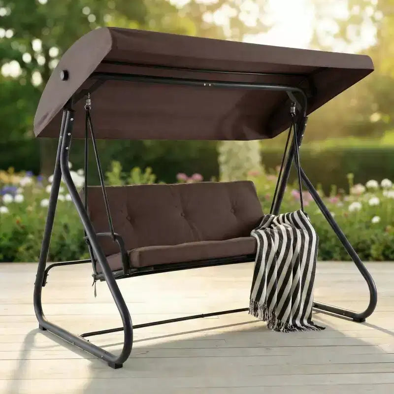 Balancelle convertible à 3 places pour l'extérieur avec auvent réglable, capacité de 340 kg, coussins amovibles, pour terrasse et jardin.