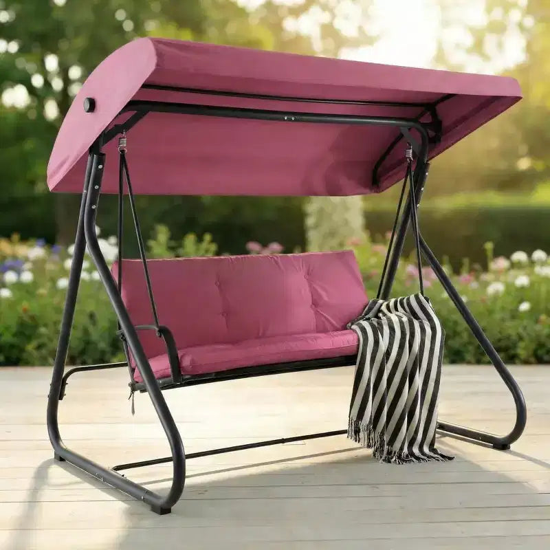 Balancelle convertible à 3 places pour l'extérieur avec auvent réglable, capacité de 340 kg, coussins amovibles, pour terrasse et jardin.