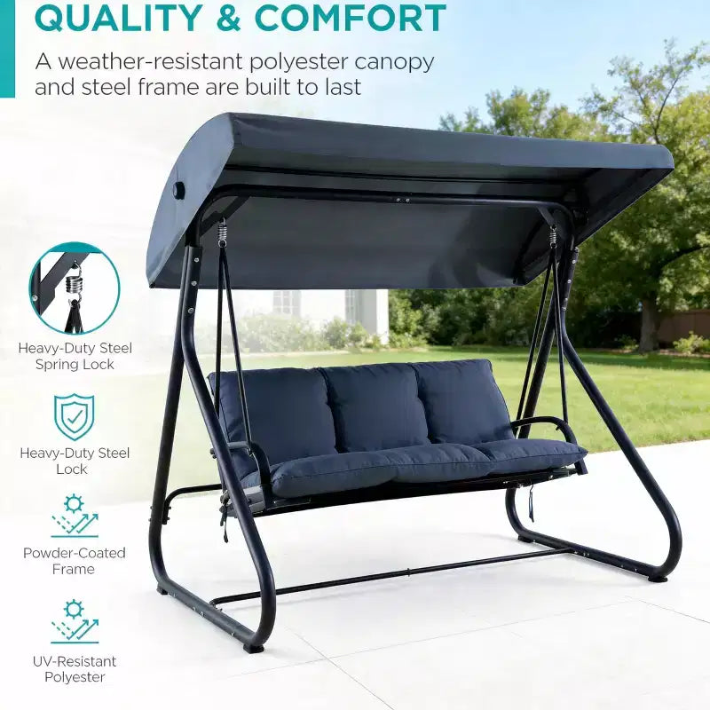 Balancelle convertible à 3 places pour l'extérieur avec auvent réglable, capacité de 340 kg, coussins amovibles, pour terrasse et jardin.