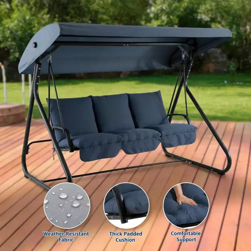 Balancelle convertible à 3 places pour l'extérieur avec auvent réglable, capacité de 340 kg, coussins amovibles, pour terrasse et jardin.