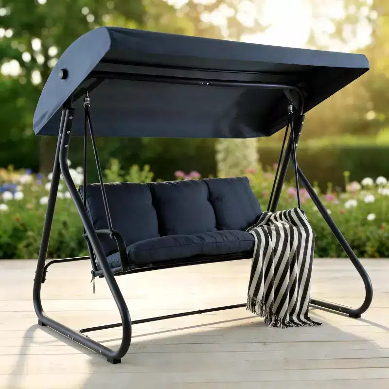 Balancelle convertible à 3 places pour l'extérieur avec auvent réglable, capacité de 340 kg, coussins amovibles, pour terrasse et jardin.