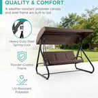 Balancelle convertible à 3 places pour l'extérieur avec auvent réglable, capacité de 340 kg, coussins amovibles, pour terrasse et jardin.