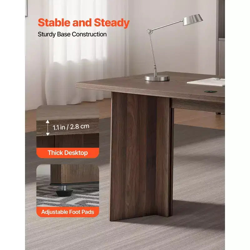 Bureau de direction 160 cm, grande table rectangulaire moderne avec passe-câbles, capacité de 113 kg, marron