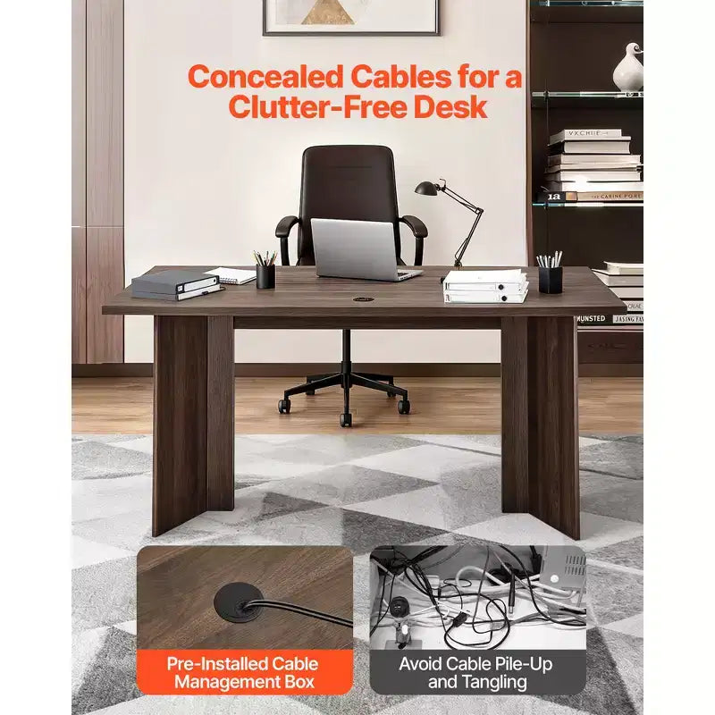 Bureau de direction 160 cm, grande table rectangulaire moderne avec passe-câbles, capacité de 113 kg, marron