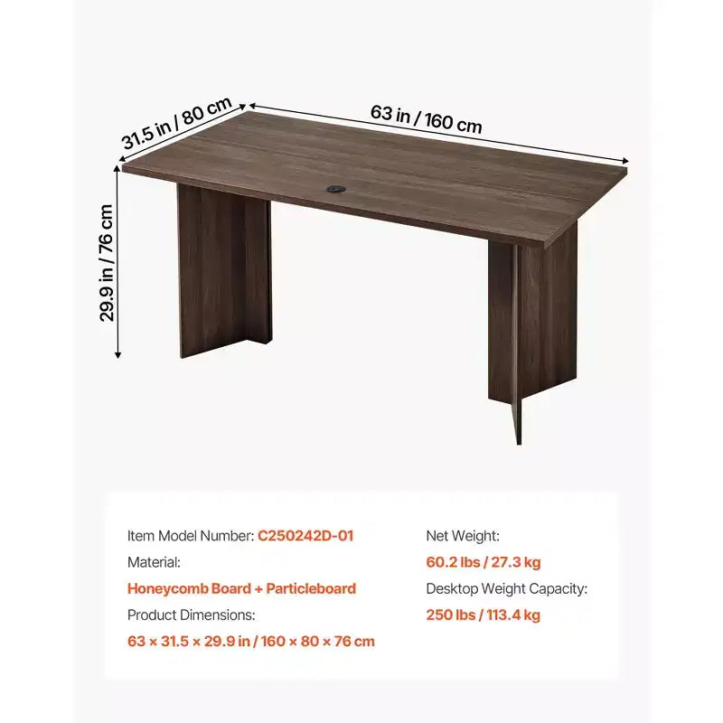 Bureau de direction 160 cm, grande table rectangulaire moderne avec passe-câbles, capacité de 113 kg, marron