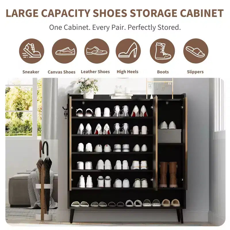 Meuble à chaussures 6 niveaux avec 3 portes et crochets, lot de 2 marron, grand organisateur d'entrée pour couloir et salon