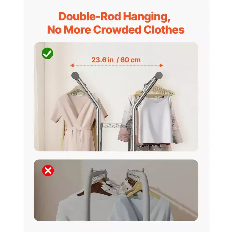Portant à vêtements roulant avec 2 tringles, 2 étagères de rangement et des crochets latéraux, capacité de 120 kg, argent