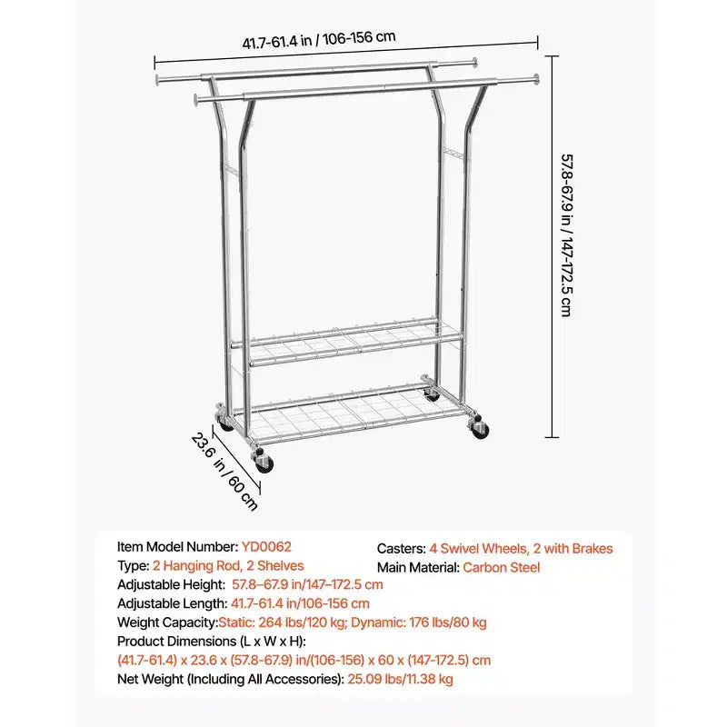 Portant à vêtements roulant avec 2 tringles, 2 étagères de rangement et des crochets latéraux, capacité de 120 kg, argent
