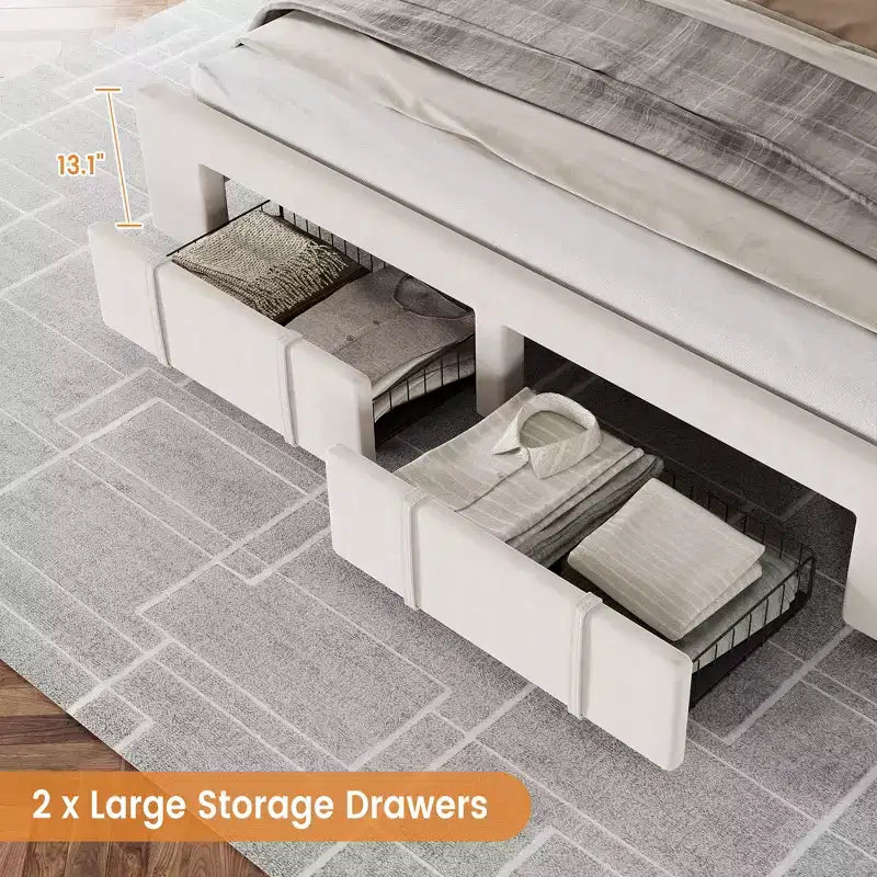 Lit plateforme rembourré avec 2 tiroirs de rangement, lattes en bois robustes, pas besoin de sommier tapissier