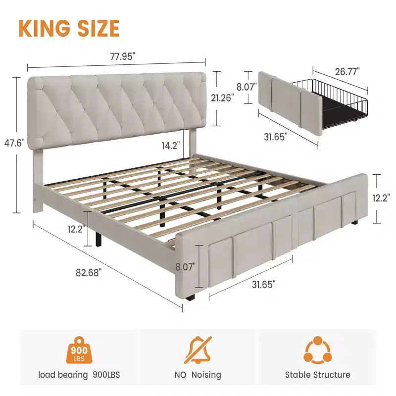 Lit plateforme rembourré avec 2 tiroirs de rangement, lattes en bois robustes, pas besoin de sommier tapissier