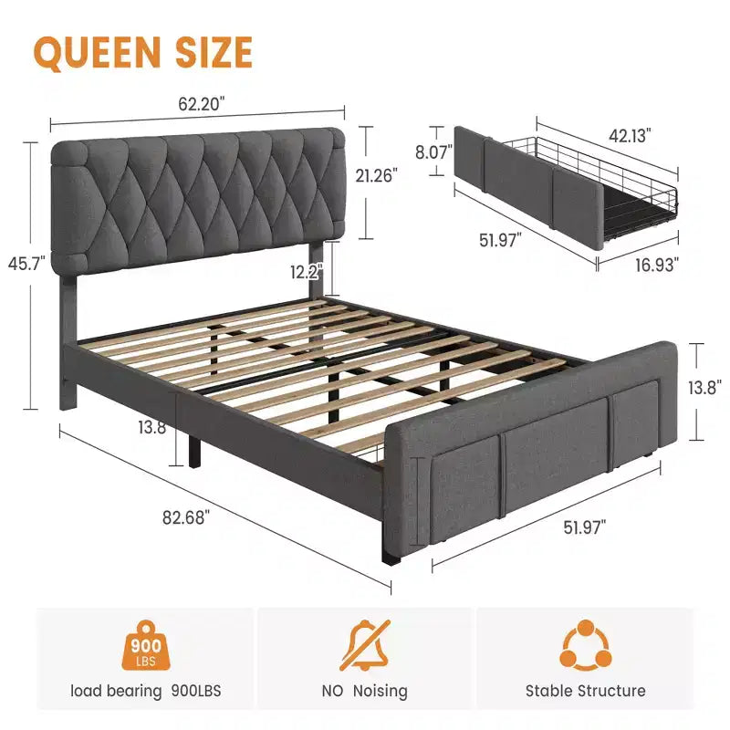 Lit plateforme rembourré avec 2 tiroirs de rangement, lattes en bois robustes, pas besoin de sommier tapissier