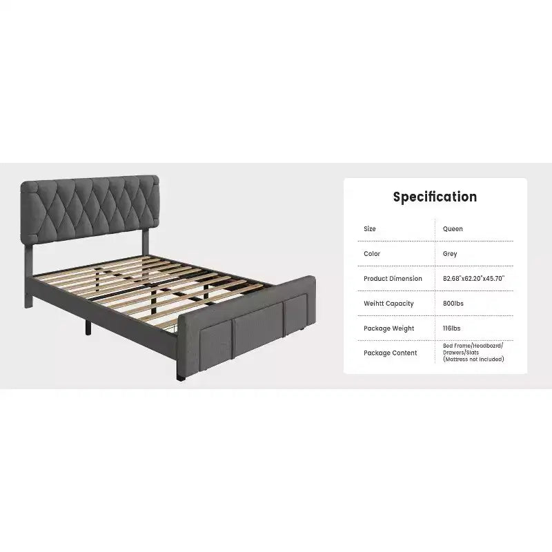 Lit plateforme rembourré avec 2 tiroirs de rangement, lattes en bois robustes, pas besoin de sommier tapissier