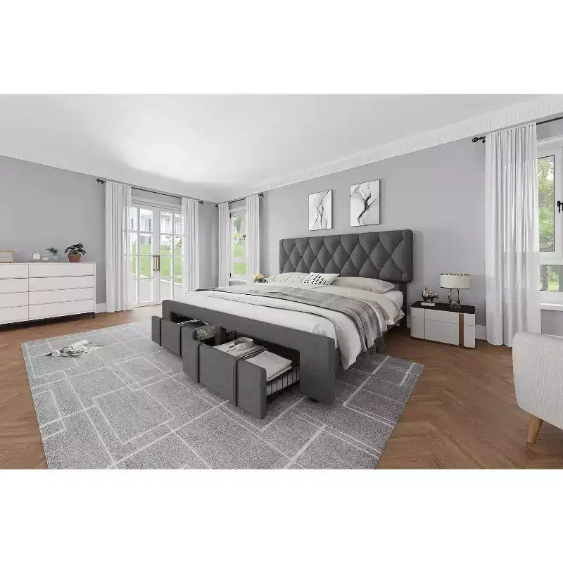 Lit plateforme rembourré avec 2 tiroirs de rangement, lattes en bois robustes, pas besoin de sommier tapissier