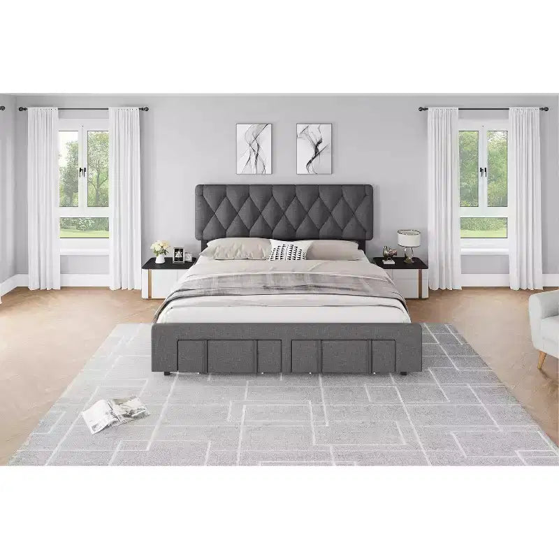 Upholstered Platform Bed Frame with Storage Drawers, Sturdy Color Wooden Slats, No Box Spring Needed