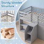 Lit double mezzanine bas avec lumières LED, escalier et barrières de sécurité, lit enfant moderne en pin, blanc/menthe/gris