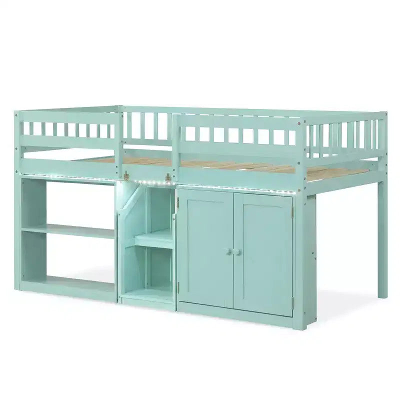Lit double mezzanine bas avec lumières LED, escalier et barrières de sécurité, lit enfant moderne en pin, blanc/menthe/gris