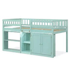 Lit double mezzanine bas avec lumières LED, escalier et barrières de sécurité, lit enfant moderne en pin, blanc/menthe/gris