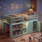 Lit double mezzanine bas avec lumières LED, escalier et barrières de sécurité, lit enfant moderne en pin, blanc/menthe/gris