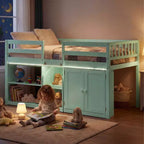 Lit double mezzanine bas avec lumières LED, escalier et barrières de sécurité, lit enfant moderne en pin, blanc/menthe/gris