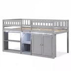 Lit double mezzanine bas avec lumières LED, escalier et barrières de sécurité, lit enfant moderne en pin, blanc/menthe/gris