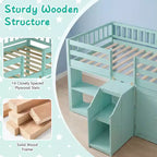 Lit double mezzanine bas avec lumières LED, escalier et barrières de sécurité, lit enfant moderne en pin, blanc/menthe/gris