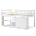 Lit double mezzanine bas avec lumières LED, escalier et barrières de sécurité, lit enfant moderne en pin, blanc/menthe/gris