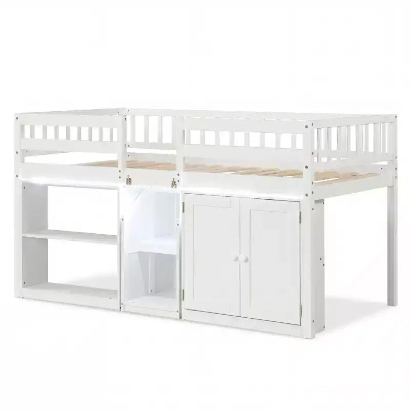 Lit double mezzanine bas avec lumières LED, escalier et barrières de sécurité, lit enfant moderne en pin, blanc/menthe/gris